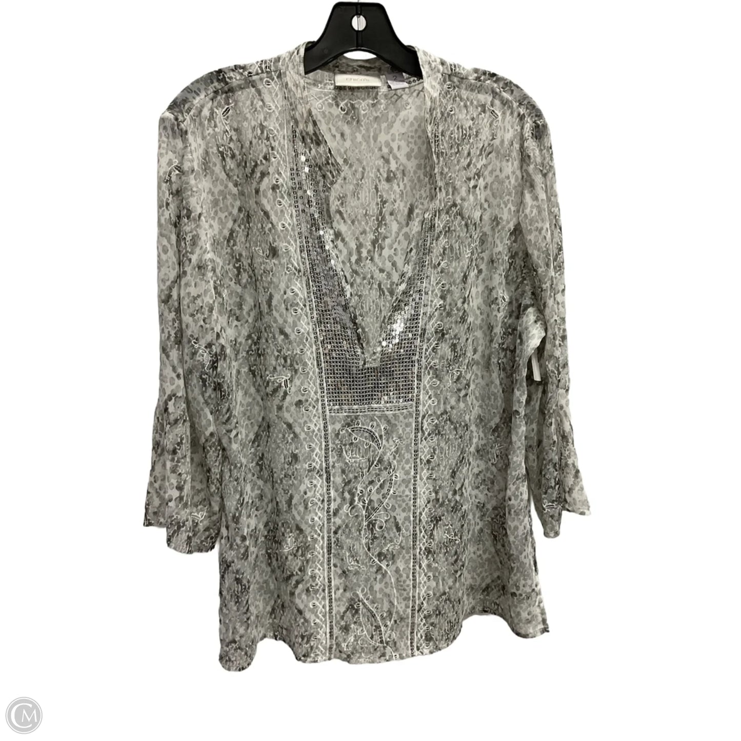 Blouse 3/4 Sleeve By Chicos In Silver, Size: L