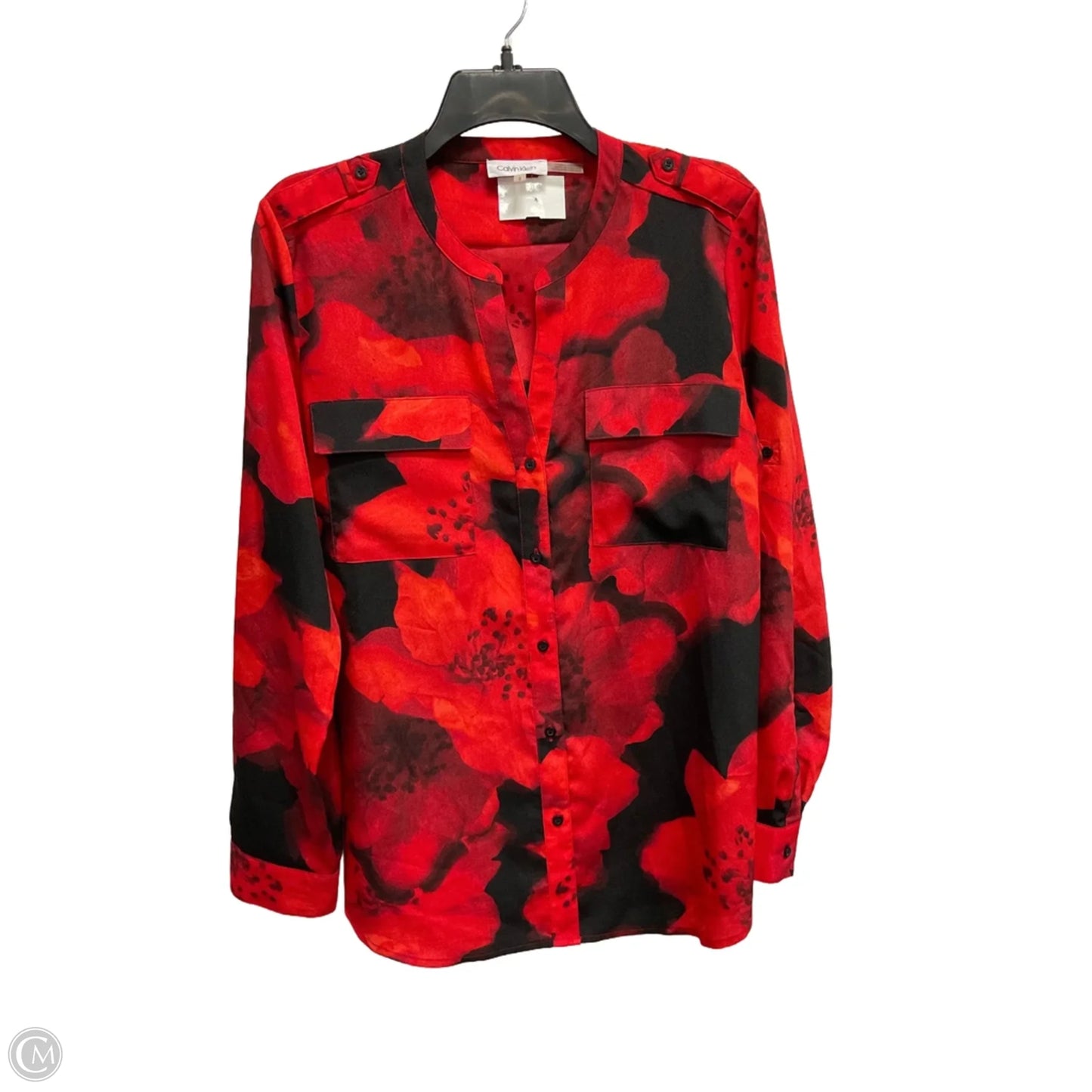 Blouse Long Sleeve By Calvin Klein In Black & Red, Size: L