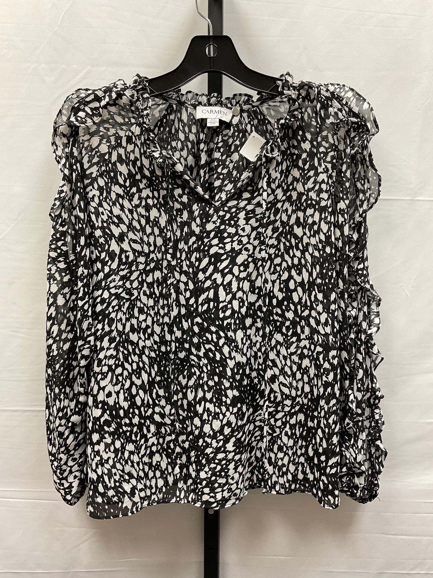 Black & White Top Long Sleeve Carmen By Carmen Marc Valvo, Size Petite   S