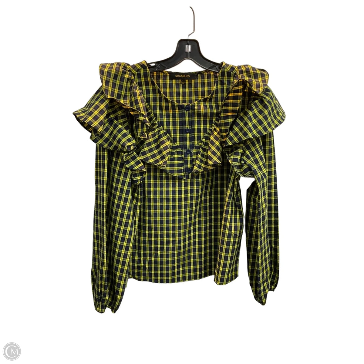 Blouse Long Sleeve By Sugar Lips In Plaid Pattern, Size: L