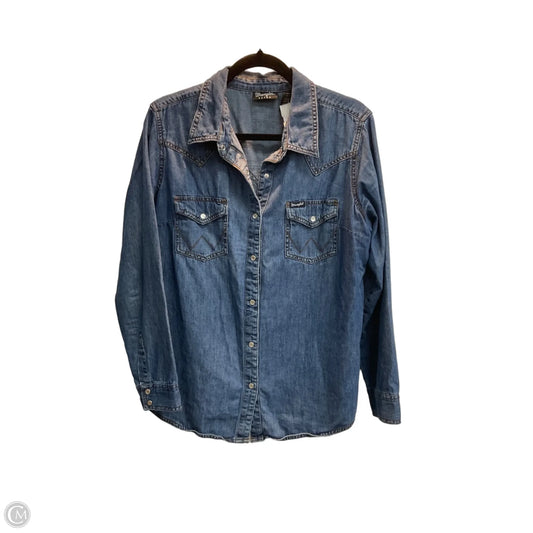 Top Long Sleeve By Wrangler In Blue Denim, Size: L