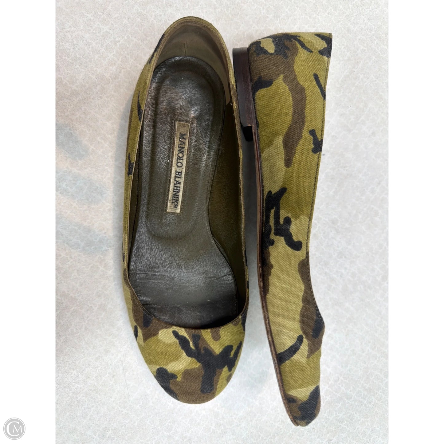 Shoes Luxury Designer By Manolo Blahnik In Camouflage Print, Size: 7.5